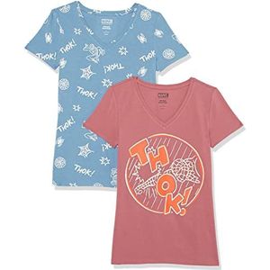 Amazon Essentials Disney | Marvel | Star Wars | Princess set van 2 T-shirts met V-hals voor dames, korte mouwen, klassieke pasvorm, Spider-Man Thok, maat L