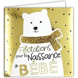 Afie 22111 kaart met envelop, vierkant, 15 x 15 cm, voor de geboorte van de baby, voor jongens of meisjes, goudkleurig, glanzend, gestructureerd, beer, wit, teddybeer, knuffeldier voor kinderen, gemaakt in Frankrijk