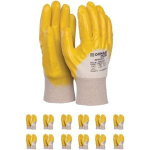 DONAU SAFETY Heren katoenen gebreide werkhandschoenen / nitriale beschermende coating / maat 10, 12 paar / geel / wit / montagehandschoenen / voor montagewerkzaamheden, monteurs, service,