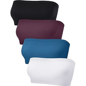 Set van 4 strapless bandeau-beha's voor dames, naadloze bandeau-beha, niet gevoerd, rekbaar