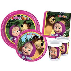 Ciao- Party Table Set Masha and the Bear 8 people (44 pcs: 8 paper plates Ø23cm, 8 paper plates Ø20cm, 8 plastic cups 200ml, 20 paper napkins 33x33cm), Y2522