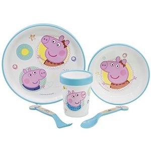 Herbruikbaar servies met tweekleurige siliconenbasis, bestaande uit borden, schalen, glazen en bestek in Peppa Pig Box