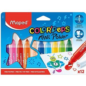 Maped Color'Peps Grote viltstiften Mini Power voor kinderen, grote punt en dop met stempelmotief, inkt wasbaar met water - etui met 12 viltstiften