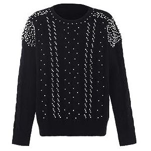 faina Pull pour femme avec perles et diamants à col rond Noir Taille XS/S, Noir, XS