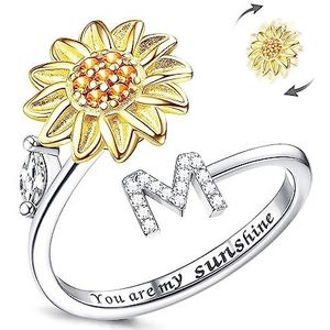 Fidget-ring voor dames, gebakte zonnebloem, in grootte verstelbaar, spinner ring, zilver, stapelbaar, stressvermindering, angst, letters, vingers, cirkel, gravure ""You Are My Sunshine"" aan de binnenkant, sieraden, strassteentjes, zirkonia