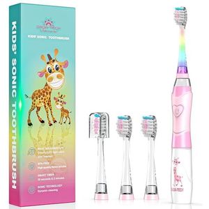 Dada-Tech Elektrische ultrasone tandenborstel voor kinderen met timer, akoestische technologie voor jongens en meisjes vanaf 2 jaar, 3 zachte borstelkoppen (roze)