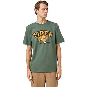 Koton T-shirt à manches courtes et col rond imprimé tigre pour homme, Kaki (801), XXL