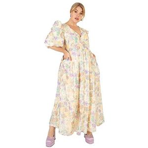 Lovedrobe Lange zomerjurk voor dames, 3/4 mouwen, V-hals, pofjurk, hoge empire-taille, zomerjurk, feestjurk voor dames, Crème