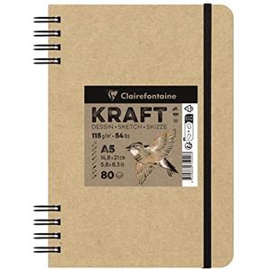 Clairefontaine 975940C Schetsboek Kraft natuur met dubbele spiraal, 80 vellen 115 g, DIN A5 14,8 x 21 cm, ideaal voor multitechnische technieken, 1 schetsboek