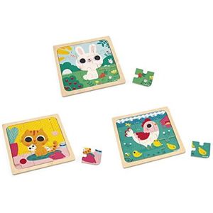 Janod 3 houten puzzels met 9 stuks, kip, kat, konijn, kinderspeelgoed, educatief spel voor de eerste leeftijd, vanaf 18 maanden, J07113, meerkleurig