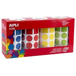 APLI Kids 18804 - 8260 stuks stickers in 4 rollen (blauw, rood, geel en groen) met bijpassende geometrische vormen (cirkels, vierkanten, rechthoeken en driehoeken) 20 mm, permanente lijm.