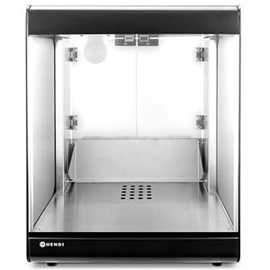 HENDI Nachos-machine, nacho-verwarming, verwarmde vitrine voor nachos, tortillas, popcorn, 230 V, 300 W, 320 x 390 x (H) 510 mm, aluminium, roestvrij staal 18/0, veiligheidsglas, zwart