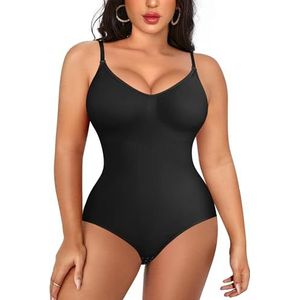 Irisnaya Afslankende bodysuit voor dames, figuurvormend bovendeel, spaghettibandjes, figuurvormend lichaam, zwart.