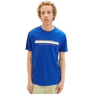 TOM TAILOR Denim T-shirt slim fit pour homme avec logo imprimé en coton, 14531-Shiny Royal Blue, S