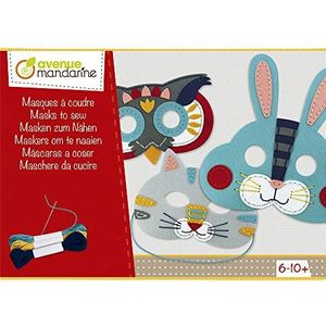 AVENUE MANDARINE - Creatieve dierenmaskers van vilt om te naaien - 1 konijnenmasker + 1 uilmasker + 1 kattenmasker + 1 naald + 3 bollen garen - vanaf 6 jaar - KC046C