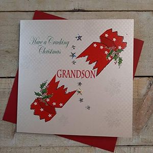 White Cotton Cards X131 Kerstkaart ""Have a Cracking Christmas Grandson"", handgemaakt, wit