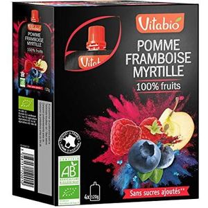 Vitabio - 100% Fruit – Gourdes Appel de Provence Framboos de Correze Blueberry 4 x 120 g – Biologisch
