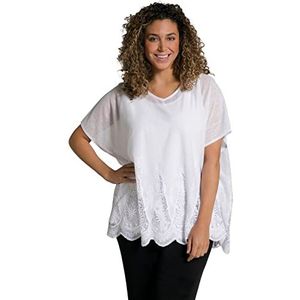 Ulla Popken Kaftan, kant, oversize, extra fijn gebreid, halve mouwen, dames T-shirt, zwart.