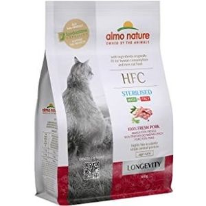 Almo Nature HFC Longevity gesteriliseerd droogvoer voor katten met varkensvlees, oorspronkelijk geschikt voor menselijke consumptie en nu als voer voor katten gebruikt.