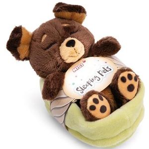 Pluche hond, bruin, 12 cm, slapend in groene mand, zacht en duurzaam pluche, schattig pluche dier om te knuffelen, om te spelen, voor kinderen en volwassenen, een geweldig cadeau-idee