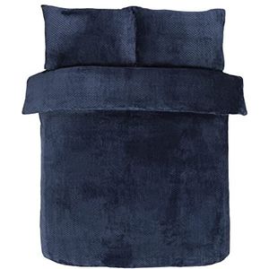 Sleepdown, omkeerbaar bedlinnen set met dekbedovertrek en kussenslopen in reliëf fleece, marine blauw, 200 x 200 cm