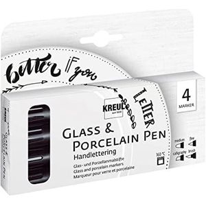 KREUL 16480 - Glass & Porcelain Pen Handlettering Set, 4 potloden om met de hand te schrijven op glas en porselein, zwart, verschillende punten en lijnbreedtes