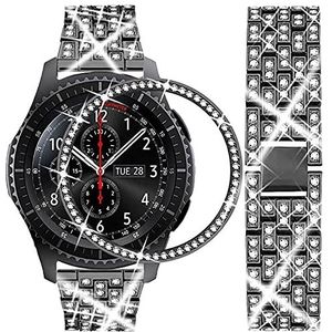 DEALELE Compatibel met Samsung Gear S3 Frontier/Classic/Galaxy Watch 46 mm 22 mm stalen strass metalen armband met horlogebehuizing, zwart