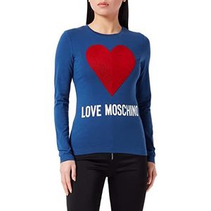 Love Moschino Dames shirt met lange mouwen met geborduurd flock geborduurd logo print en waterdruk logo, blauw, 46, Blauw