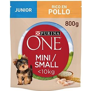 Purina One Mini droogvoer voor honden, junior, rijk aan kip, met rijst, voor honden tot 10 kg, 8 zakken van elk 800 g
