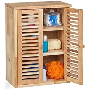 Relaxdays Hangkast, walnoot, 46,5 x 35 x 21 cm (h x b x d), lamellendeuren, 3 vakken, badkamerkast, wandkast, keuken, naturel