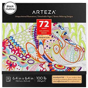 Arteza Dieren-kleurboek voor volwassenen en tieners, Dieren-kleurplaten met zwarte omlijning, Mindful kleuren voor volwassenen met 72 tekeningen om in te kleuren en stress en spanning te verminderen