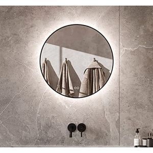 Schaere Ronde badkamerspiegel met zwart frame, met dimbare ledverlichting, kleurverandering en spiegelverwarming, serie 60 cm, 7050
