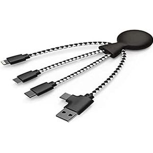 Xoopar Mr Bio 4-in-1 multi-USB-kabel in octopusvorm, zwart, duurzame USB-oplader voor Apple iPhone Samsung Google Huawey Xiaomi OnePlus LG Kindle (zwart)