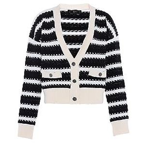 faina Women's Femmes Rayé Mode Cardigan Tricot Col V Acrylique Blanc Laine Noir Taille XL/XXL Sweater, Couleur : blanc cassé et noir, XL