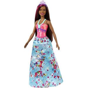 Barbie Dreamtopia prinses bruin met roze lont, blauwe rok en diadeem, speelgoed voor kinderen, GJK15