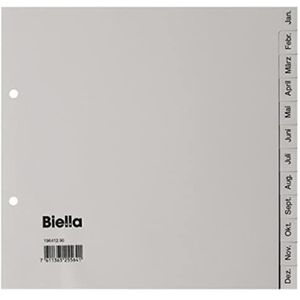 Biella Kunststof register met tabbladen voor maand januari december in de kleur grijs, formaat 2/3 DIN A4, voor DIN A4, kunststof register voor de ideale afdeling van documenten