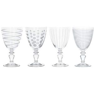 Mikasa - Set van 4 wijnglazen van kristal, decoratieve motieven en zilveren effect, Cheers by Mikasa-collectie, 340 ml