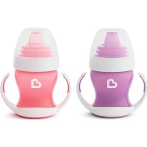 Munchkin Lekvrije mok voor een zachte overgang met deksel, voor peuters en baby's, waterdicht, BPA-vrij, 118 ml, roze en paars, verpakking van 2 stuks, voor 4 maanden en meer.