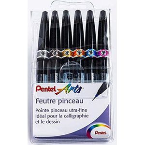 Pentel SESF30C Brush Sign Pen Artist Penseel, Extra Fijne Punt, Artist Pouch, 6 Kleuren