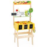 Janod Kinderhandelaar Farm Market-imitatiespel voor kinderen, 32 accessoires, ontwikkelt de verbeelding, speelgoed van hout, FSC-waterverf, vanaf 3 jaar, J03322, geel, groen, 41,5 x 36 x 95