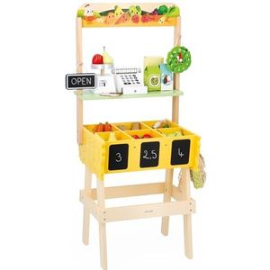 Janod Kinderhandelaar Farm Market-imitatiespel voor kinderen, 32 accessoires, ontwikkelt de verbeelding, speelgoed van hout, FSC-waterverf, vanaf 3 jaar, J03322, geel, groen, 41,5 x 36 x 95