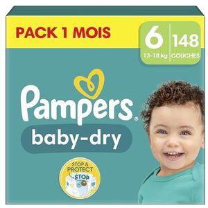 Pampers Baby-Dry luiers maat 6 (13-18 kg), 148 luiers voor baby's, 1 maand, tot 12 uur, droog met de Stop & Protect-zak, nu met meer luiers