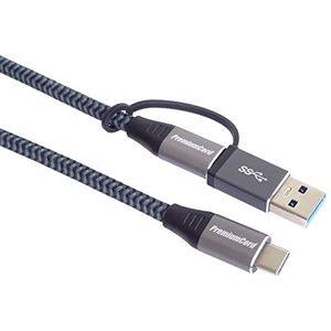 PremiumCord USB 3.2 Gen 2 type C-kabel, stekker naar stekker, opladen tot 5 A, 100 W, supersnelheid 20 Gbit/s, aluminium doppen, katoenen mesh + USB-C/USB-A-reductie, lengte 2 m