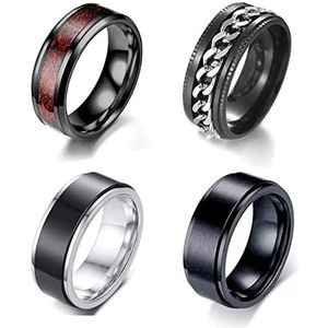 VELESAY 4 stuks roestvrijstalen ringen voor heren en dames, vintage, rock, gothic, ring, ketting, Keltisch, heren, zwart, punk, heren, roestvrij staal, anti-stress-ring, heren, staal