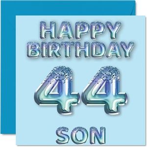 Verjaardagskaart voor zoon 44 jaar, blauwe glitterballonnen, verjaardagskaarten voor 44-jarige zoon van mama en papa, 145 mm x 145 mm