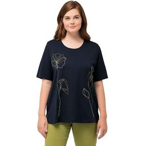 Ulla Popken, Dames T-shirt grote maten bloemen borduurwerk blauw 48-50, Blauw