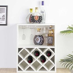 BAKAJI Hoekkast, cocktailbar, vloerkelder, flessenrek, 2 planken, wijn, likeuren, houten kelder, 8-zits, flessenhouder met bekerhouder (wit)