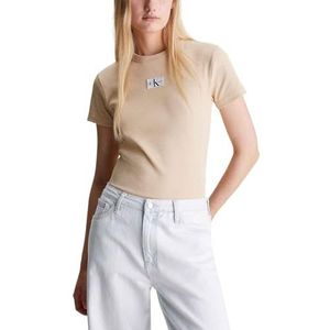 Calvin Klein Jeans Geweven normaal T-shirt Geribbeld label S/S gebreide tops dames, Heet zand