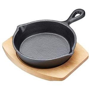 Artesa Kleine gietijzeren koekenpan met antiaanbaklaag met houten serveerplank, grillpan met standaard, voor fajitas, barbecue, omelet, tapas en desserts, diameter 13 cm