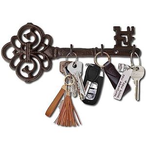 Comfify Decoratieve sleutelhanger, vintage sleutel met 3 haken, wandbevestiging, rustiek gietijzer, met schroeven en pluggen, bruin